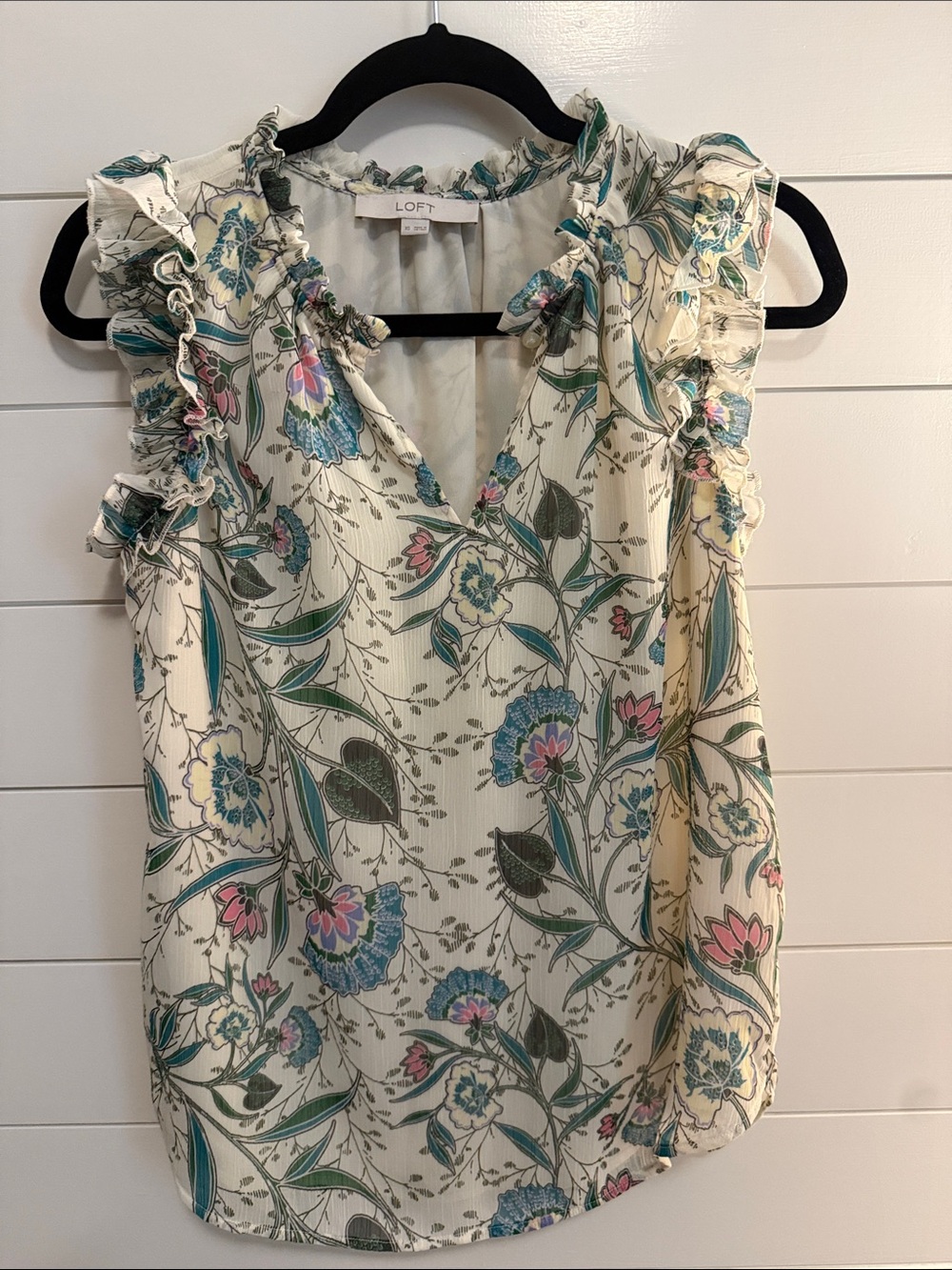 LOFT Cream Floral Ruffle Sleeve V-Neck Blouse